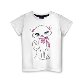 Детская футболка хлопок с принтом Кошечка в Белгороде, 100% хлопок | круглый вырез горловины, полуприлегающий силуэт, длина до линии бедер | белая | грация | изящная | киса | кошечка | милая | ошейник | сердечко