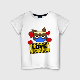 Детская футболка хлопок с принтом Любовь в воздухе в Белгороде, 100% хлопок | круглый вырез горловины, полуприлегающий силуэт, длина до линии бедер | air | cat | grumpy | love | воздух | кот | любовь | недовольный | повязка | респиратор | хмурый
