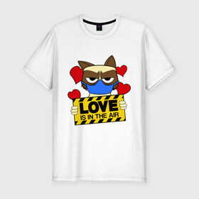 Мужская футболка премиум с принтом Любовь в воздухе в Белгороде, 92% хлопок, 8% лайкра | приталенный силуэт, круглый вырез ворота, длина до линии бедра, короткий рукав | Тематика изображения на принте: air | cat | grumpy | love | воздух | кот | любовь | недовольный | повязка | респиратор | хмурый
