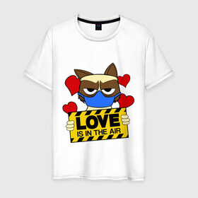 Мужская футболка хлопок с принтом Любовь в воздухе в Белгороде, 100% хлопок | прямой крой, круглый вырез горловины, длина до линии бедер, слегка спущенное плечо. | Тематика изображения на принте: air | cat | grumpy | love | воздух | кот | любовь | недовольный | повязка | респиратор | хмурый