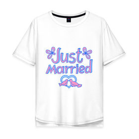 Мужская футболка хлопок Oversize с принтом Just married blue в Белгороде, 100% хлопок | свободный крой, круглый ворот, “спинка” длиннее передней части | just married | брак | голубки | жених | кольца | молодожены | невеста | свадьба | супруги