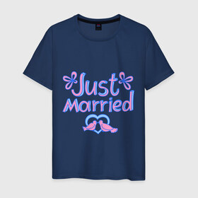 Мужская футболка хлопок с принтом Just married blue в Белгороде, 100% хлопок | прямой крой, круглый вырез горловины, длина до линии бедер, слегка спущенное плечо. | just married | брак | голубки | жених | кольца | молодожены | невеста | свадьба | супруги