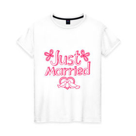 Женская футболка хлопок с принтом Just married pink в Белгороде, 100% хлопок | прямой крой, круглый вырез горловины, длина до линии бедер, слегка спущенное плечо | just married | брак | голубки | жених | кольца | молодожены | невеста | свадьба | супруги