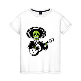 Женская футболка хлопок с принтом Мертвый музыкант в Белгороде, 100% хлопок | прямой крой, круглый вырез горловины, длина до линии бедер, слегка спущенное плечо | гитара | скелет