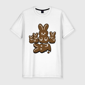 Мужская футболка премиум с принтом Шоколадные кролики в Белгороде, 92% хлопок, 8% лайкра | приталенный силуэт, круглый вырез ворота, длина до линии бедра, короткий рукав | chocolate | death | rabbit | еда | зайцы | заяц | зверь | кролик | шоколад