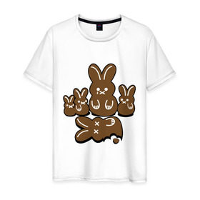 Мужская футболка хлопок с принтом Шоколадные кролики в Белгороде, 100% хлопок | прямой крой, круглый вырез горловины, длина до линии бедер, слегка спущенное плечо. | chocolate | death | rabbit | еда | зайцы | заяц | зверь | кролик | шоколад