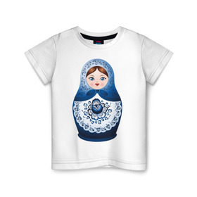 Детская футболка хлопок с принтом Матрешка Гжель в Белгороде, 100% хлопок | круглый вырез горловины, полуприлегающий силуэт, длина до линии бедер | русь