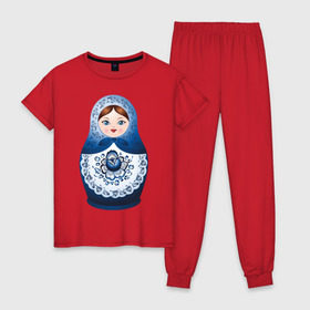 Женская пижама хлопок с принтом Матрешка Гжель в Белгороде, 100% хлопок | брюки и футболка прямого кроя, без карманов, на брюках мягкая резинка на поясе и по низу штанин | русь