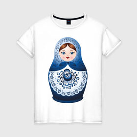 Женская футболка хлопок с принтом Матрешка Гжель в Белгороде, 100% хлопок | прямой крой, круглый вырез горловины, длина до линии бедер, слегка спущенное плечо | русь