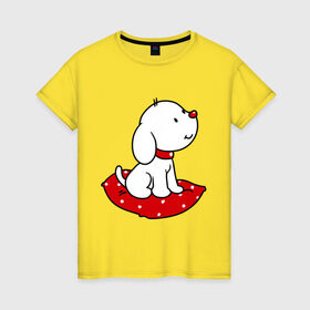 Женская футболка хлопок с принтом Собачка на подушке в Белгороде, 100% хлопок | прямой крой, круглый вырез горловины, длина до линии бедер, слегка спущенное плечо | милый | пес | подушка | собака | щенок