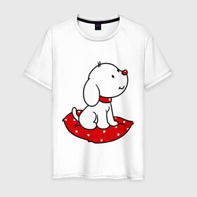 Мужская футболка хлопок с принтом Собачка на подушке в Белгороде, 100% хлопок | прямой крой, круглый вырез горловины, длина до линии бедер, слегка спущенное плечо. | милый | пес | подушка | собака | щенок