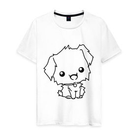 Мужская футболка хлопок с принтом Милый песик в Белгороде, 100% хлопок | прямой крой, круглый вырез горловины, длина до линии бедер, слегка спущенное плечо. | маленький | милый | пес | пушистый | собака | щенок