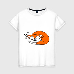 Женская футболка хлопок с принтом Спящий лисёнок в Белгороде, 100% хлопок | прямой крой, круглый вырез горловины, длина до линии бедер, слегка спущенное плечо | лиса
