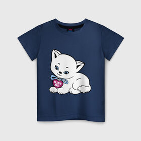 Детская футболка хлопок с принтом Белая кошечка в Белгороде, 100% хлопок | круглый вырез горловины, полуприлегающий силуэт, длина до линии бедер | kiss | kiss me | киса | киска | котейка | котенок | котя | кошечка | кошка | лапочка