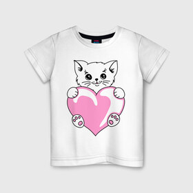 Детская футболка хлопок с принтом Котеночек с сердечком в Белгороде, 100% хлопок | круглый вырез горловины, полуприлегающий силуэт, длина до линии бедер | киса | киска | котейка | котенок | котя | кошечка | кошка | лапочка | сердечко | сердце
