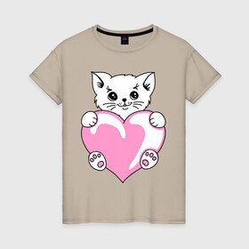 Женская футболка хлопок с принтом Котеночек с сердечком в Белгороде, 100% хлопок | прямой крой, круглый вырез горловины, длина до линии бедер, слегка спущенное плечо | киса | киска | котейка | котенок | котя | кошечка | кошка | лапочка | сердечко | сердце