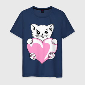 Мужская футболка хлопок с принтом Котеночек с сердечком в Белгороде, 100% хлопок | прямой крой, круглый вырез горловины, длина до линии бедер, слегка спущенное плечо. | киса | киска | котейка | котенок | котя | кошечка | кошка | лапочка | сердечко | сердце