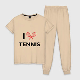 Женская пижама хлопок с принтом I Love Tennis в Белгороде, 100% хлопок | брюки и футболка прямого кроя, без карманов, на брюках мягкая резинка на поясе и по низу штанин | ракетка | тенис | теннис | теннисист