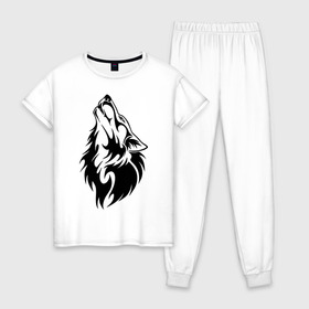 Женская пижама хлопок с принтом Воющий волк в Белгороде, 100% хлопок | брюки и футболка прямого кроя, без карманов, на брюках мягкая резинка на поясе и по низу штанин | Тематика изображения на принте: воет | вой | волк | голова