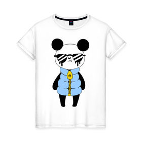 Женская футболка хлопок с принтом Крутой панда в Белгороде, 100% хлопок | прямой крой, круглый вырез горловины, длина до линии бедер, слегка спущенное плечо | панда