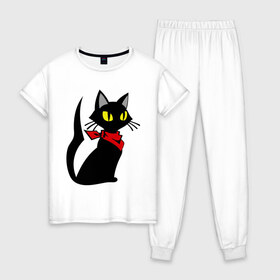 Женская пижама хлопок с принтом Котик в Белгороде, 100% хлопок | брюки и футболка прямого кроя, без карманов, на брюках мягкая резинка на поясе и по низу штанин | кот | платок | повязка | шейный | шея