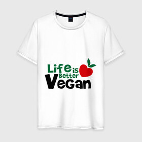 Мужская футболка хлопок с принтом Vegan life is better в Белгороде, 100% хлопок | прямой крой, круглый вырез горловины, длина до линии бедер, слегка спущенное плечо. | 