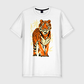Мужская футболка премиум с принтом Тигр в Белгороде, 92% хлопок, 8% лайкра | приталенный силуэт, круглый вырез ворота, длина до линии бедра, короткий рукав | tiger | бамбук | тигр | хищник