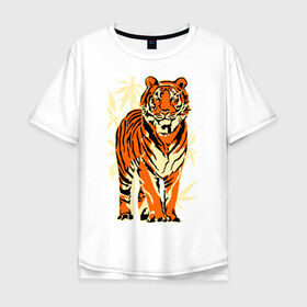 Мужская футболка хлопок Oversize с принтом Тигр в Белгороде, 100% хлопок | свободный крой, круглый ворот, “спинка” длиннее передней части | Тематика изображения на принте: tiger | бамбук | тигр | хищник
