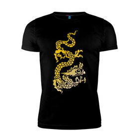 Мужская футболка премиум с принтом Золотой дракон в Белгороде, 92% хлопок, 8% лайкра | приталенный силуэт, круглый вырез ворота, длина до линии бедра, короткий рукав | дракон | золотой | китайский | тату