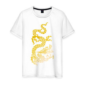 Мужская футболка хлопок с принтом Золотой дракон в Белгороде, 100% хлопок | прямой крой, круглый вырез горловины, длина до линии бедер, слегка спущенное плечо. | дракон | золотой | китайский | тату