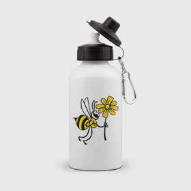 Бутылка спортивная с принтом Пчела с цветочком в Белгороде, металл | емкость — 500 мл, в комплекте две пластиковые крышки и карабин для крепления | Тематика изображения на принте: оса | пчела | цветок | шмель