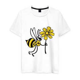 Мужская футболка хлопок с принтом Пчела с цветочком в Белгороде, 100% хлопок | прямой крой, круглый вырез горловины, длина до линии бедер, слегка спущенное плечо. | оса | пчела | цветок | шмель