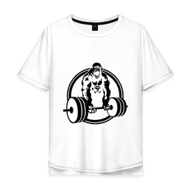 Мужская футболка хлопок Oversize с принтом Горилла со штангой в Белгороде, 100% хлопок | свободный крой, круглый ворот, “спинка” длиннее передней части | горилла | кач | спорт | штанга
