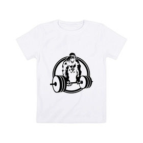 Детская футболка хлопок с принтом Горилла со штангой в Белгороде, 100% хлопок | круглый вырез горловины, полуприлегающий силуэт, длина до линии бедер | горилла | кач | спорт | штанга