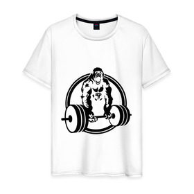 Мужская футболка хлопок с принтом Горилла со штангой в Белгороде, 100% хлопок | прямой крой, круглый вырез горловины, длина до линии бедер, слегка спущенное плечо. | горилла | кач | спорт | штанга