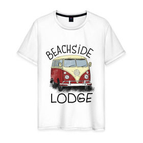 Мужская футболка хлопок с принтом Beachside lodge в Белгороде, 100% хлопок | прямой крой, круглый вырез горловины, длина до линии бедер, слегка спущенное плечо. | beachside lodge | автобус | автомобиль | лето | машина | пляж