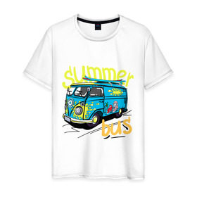 Мужская футболка хлопок с принтом Summer bus в Белгороде, 100% хлопок | прямой крой, круглый вырез горловины, длина до линии бедер, слегка спущенное плечо. | summer bus | автобус | автомобиль | доска | лето | машина | серфинг