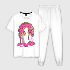 Мужская пижама хлопок с принтом Пончик в Белгороде, 100% хлопок | брюки и футболка прямого кроя, без карманов, на брюках мягкая резинка на поясе и по низу штанин
 | Тематика изображения на принте: булочка | еда | крем | пончик