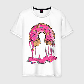 Мужская футболка хлопок с принтом Пончик в Белгороде, 100% хлопок | прямой крой, круглый вырез горловины, длина до линии бедер, слегка спущенное плечо. | Тематика изображения на принте: булочка | еда | крем | пончик