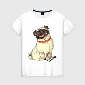 Женская футболка хлопок с принтом Радостный мопс в Белгороде, 100% хлопок | прямой крой, круглый вырез горловины, длина до линии бедер, слегка спущенное плечо | милый | мопс | пес | радостная | собака