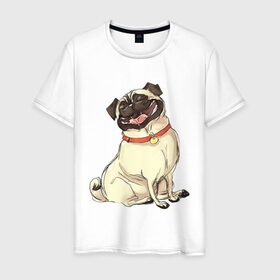 Мужская футболка хлопок с принтом Радостный мопс в Белгороде, 100% хлопок | прямой крой, круглый вырез горловины, длина до линии бедер, слегка спущенное плечо. | милый | мопс | пес | радостная | собака