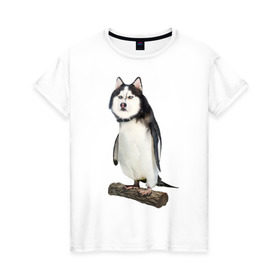 Женская футболка хлопок с принтом Хаскогвин в Белгороде, 100% хлопок | прямой крой, круглый вырез горловины, длина до линии бедер, слегка спущенное плечо | пингвин