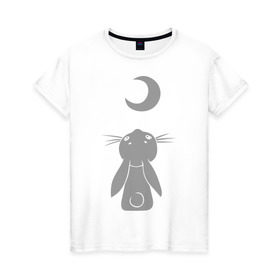 Женская футболка хлопок с принтом Зайчик смотрит на луну в Белгороде, 100% хлопок | прямой крой, круглый вырез горловины, длина до линии бедер, слегка спущенное плечо | зайчик | заяц | кролик | луна | месяц | полумесяц