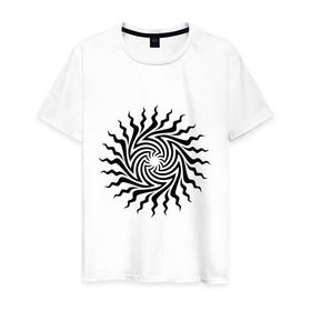 Мужская футболка хлопок с принтом Психоделическое солнце в Белгороде, 100% хлопок | прямой крой, круглый вырез горловины, длина до линии бедер, слегка спущенное плечо. | Тематика изображения на принте: извиваться | изогнутое | кривое | лучи | психодел | солнце