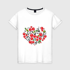 Женская футболка хлопок с принтом Сердце России с красными ягодами в Белгороде, 100% хлопок | прямой крой, круглый вырез горловины, длина до линии бедер, слегка спущенное плечо | костяника | красные | россия | рябина | сердце | ягоды