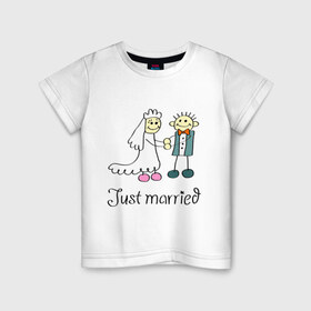 Детская футболка хлопок с принтом Just married в Белгороде, 100% хлопок | круглый вырез горловины, полуприлегающий силуэт, длина до линии бедер | just | married | жених | молодожены | невеста | свадьба