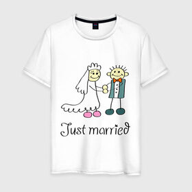 Мужская футболка хлопок с принтом Just married в Белгороде, 100% хлопок | прямой крой, круглый вырез горловины, длина до линии бедер, слегка спущенное плечо. | Тематика изображения на принте: just | married | жених | молодожены | невеста | свадьба