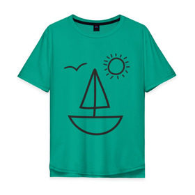 Мужская футболка хлопок Oversize с принтом Настроение - море в Белгороде, 100% хлопок | свободный крой, круглый ворот, “спинка” длиннее передней части | корабль | лицо | лодка | море | настроение | парус | птица | рожица | солнце | улыбка | чайка | яхта