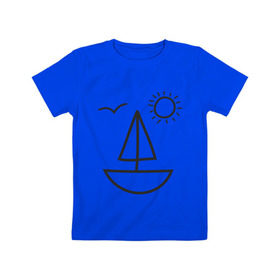 Детская футболка хлопок с принтом Настроение - море в Белгороде, 100% хлопок | круглый вырез горловины, полуприлегающий силуэт, длина до линии бедер | корабль | лицо | лодка | море | настроение | парус | птица | рожица | солнце | улыбка | чайка | яхта