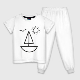 Детская пижама хлопок с принтом Настроение - море в Белгороде, 100% хлопок |  брюки и футболка прямого кроя, без карманов, на брюках мягкая резинка на поясе и по низу штанин
 | Тематика изображения на принте: корабль | лицо | лодка | море | настроение | парус | птица | рожица | солнце | улыбка | чайка | яхта
